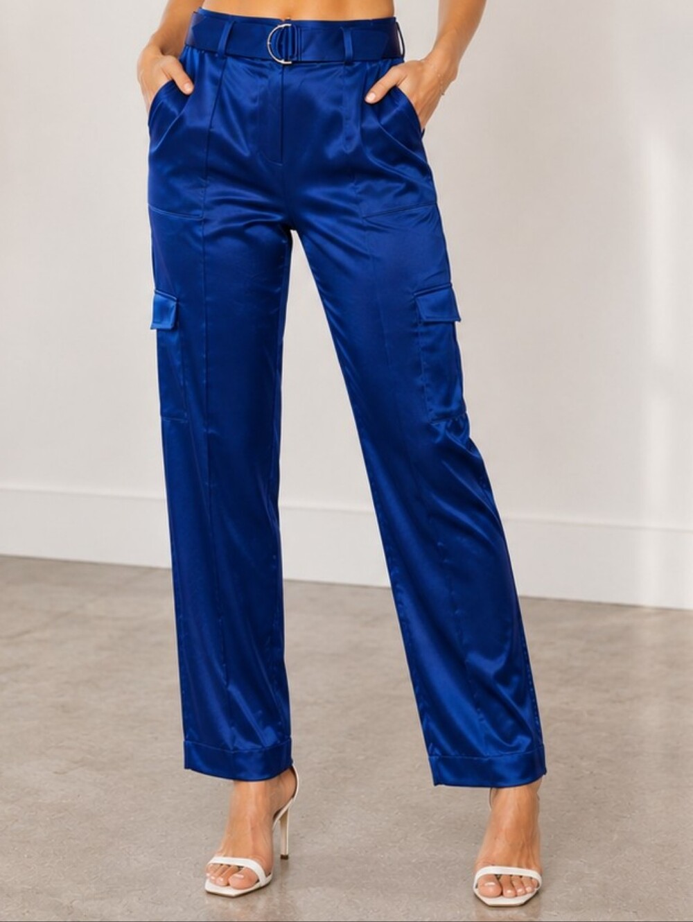 Cobalt Blue Silky Cargo Pants Belted High Waist Straight Leg Y2K Utility Trouser